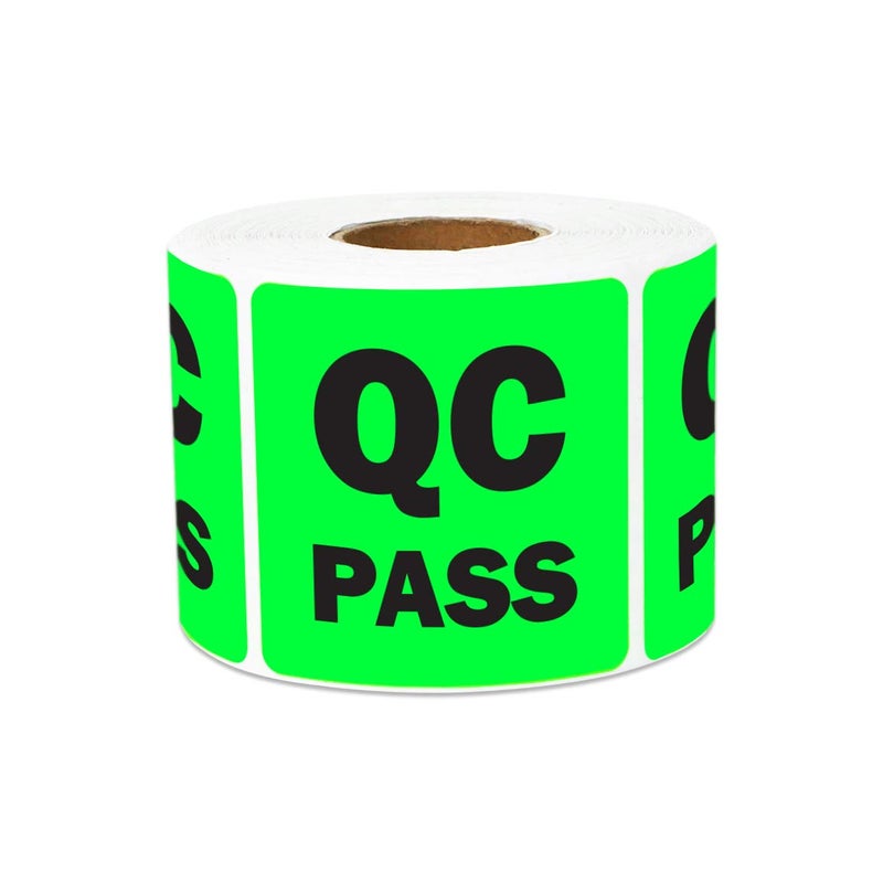 OfficeSmartLabels QC Pass Stickers - 2 x 2 inch Square in Fluorescent Green QC Pass Label for Quality Control in Production Line Warehouse Inventory Management Inspection Stickers - 300 Labels per Roll - Image 1